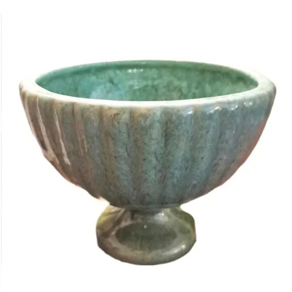 1950s Unsigned Haeger Vintage Mid Century Turquoise Green Pedestal  Bowl Planter